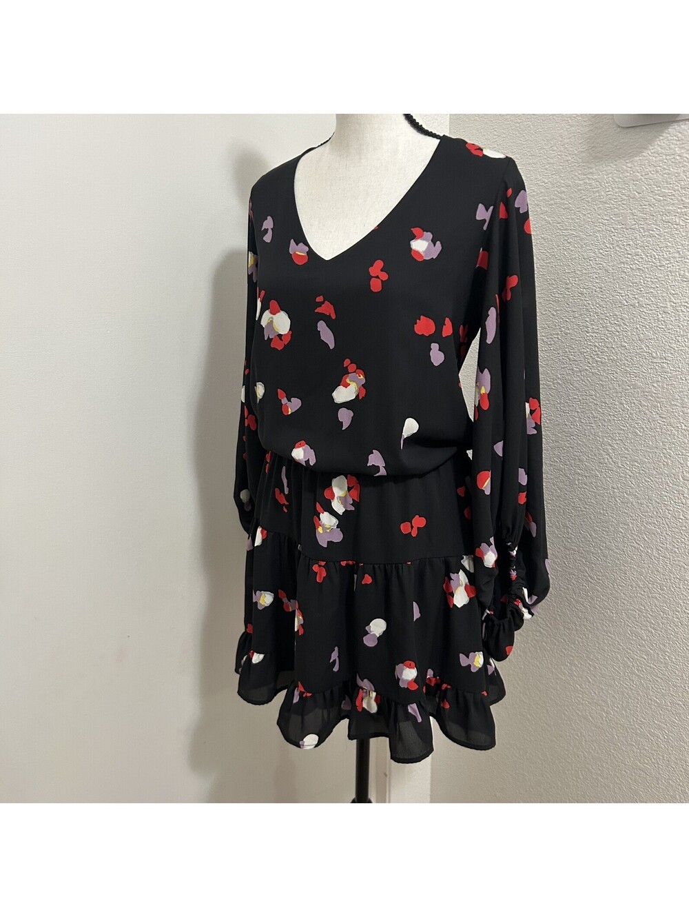 VICI Doll Black Tiered Ruffle Flouncy Mini Dress V-Neck Smocked Waist S Romantic